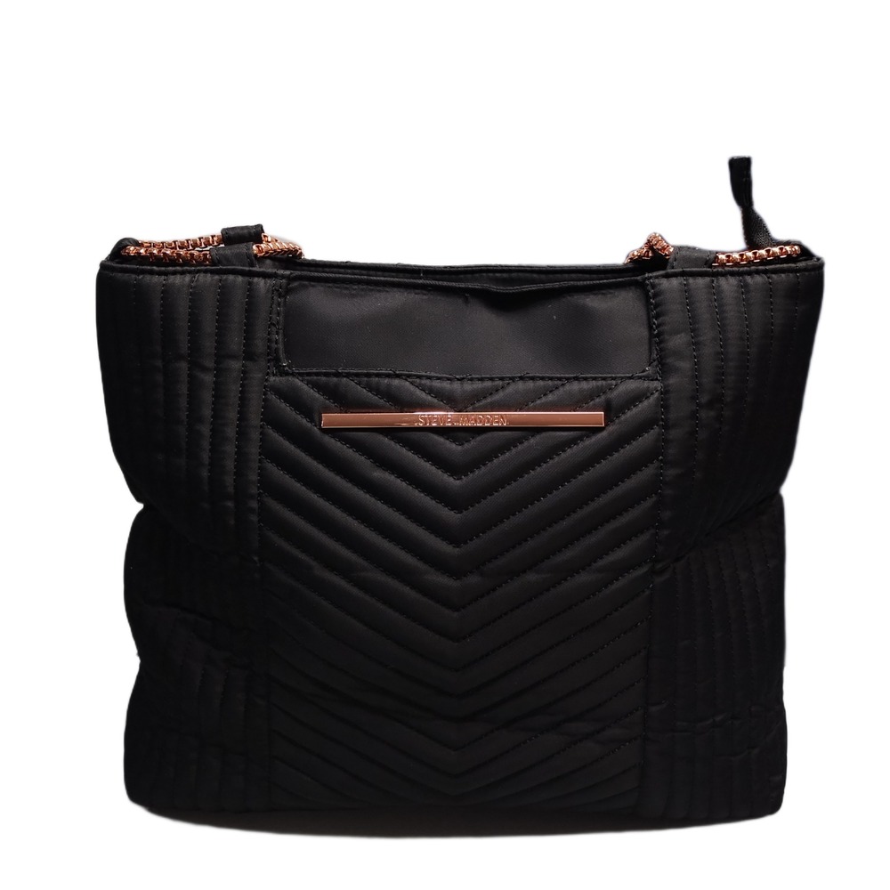Steve Madden Tote Bag Womens Black Chevron Nylon Chain Strap Double Handles